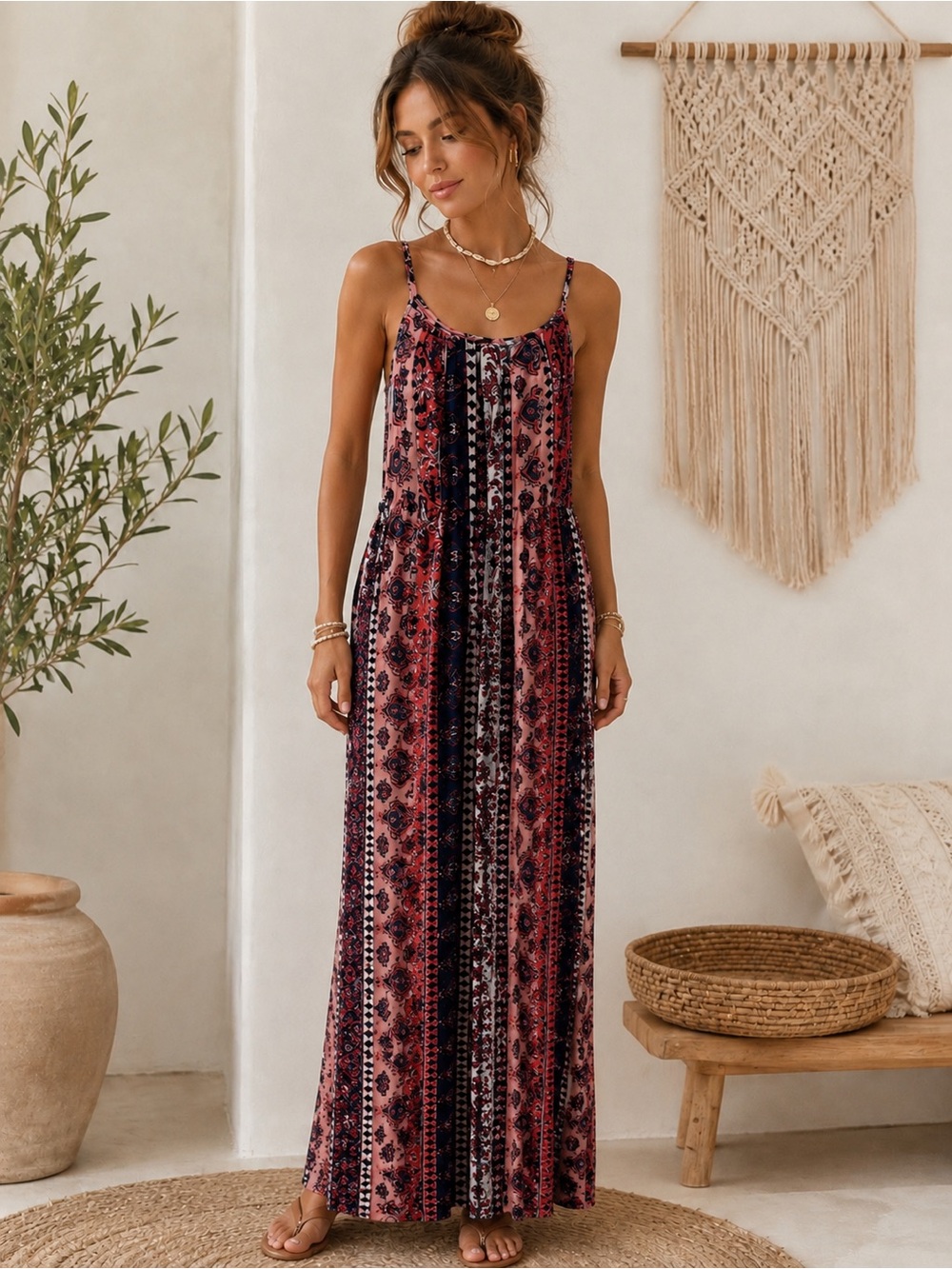 Justify Boho Chic Rose and Navy Striped Floral Maxi Dress